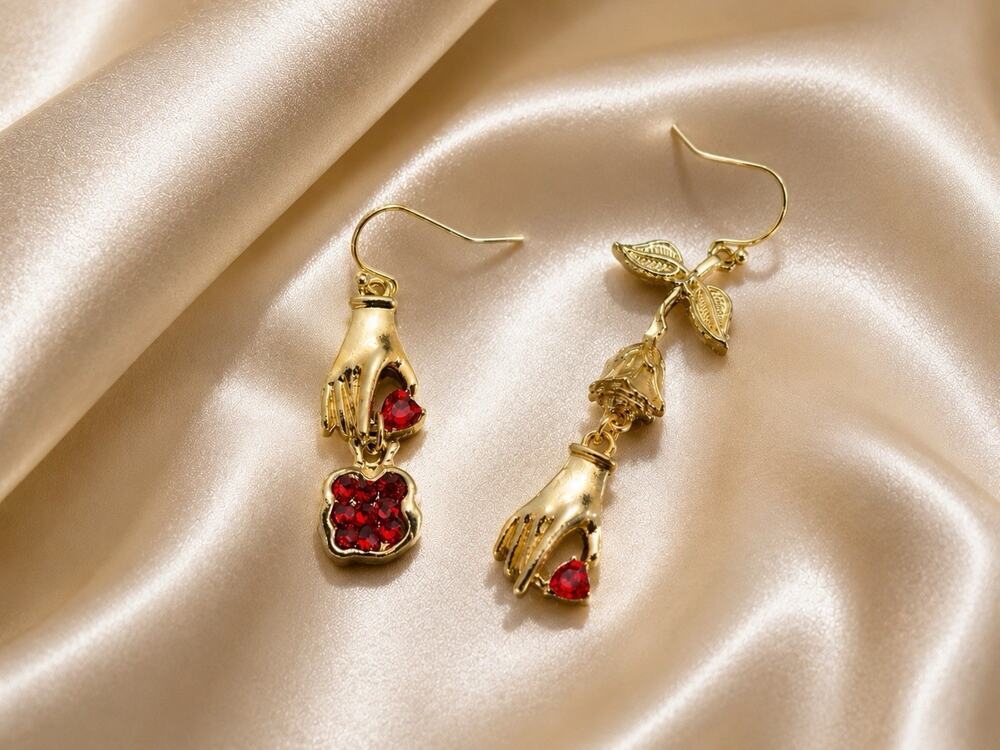 Museum Hand Gold Pomegranate Earrings Antique VTG Flower Gold Heart Mismatch CZ